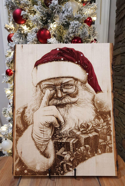 Rustic Santa Laser Engraving on Live Edge Wood - Painted Christmas Decor, Holiday Wall Art, Christmas Wall Art, Christmas Gift Idea