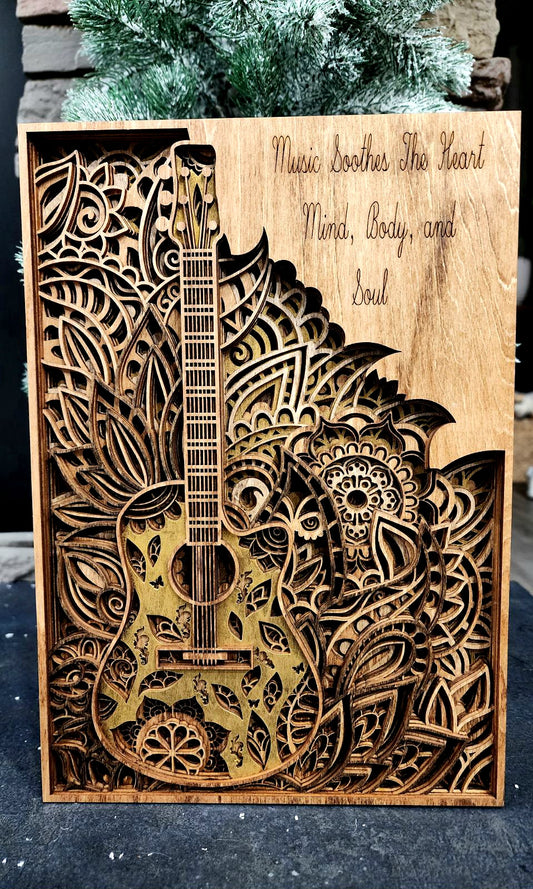 Music Soothes the Heart, Mind, Body, and Soul - 7 Layers of Laser Cut, Pained and Stained