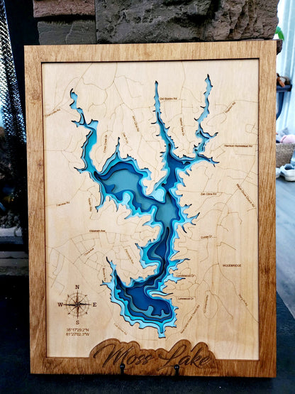 Laser-Engraved Layered Map of Moss Lake, NC – Custom Lake Wall Art