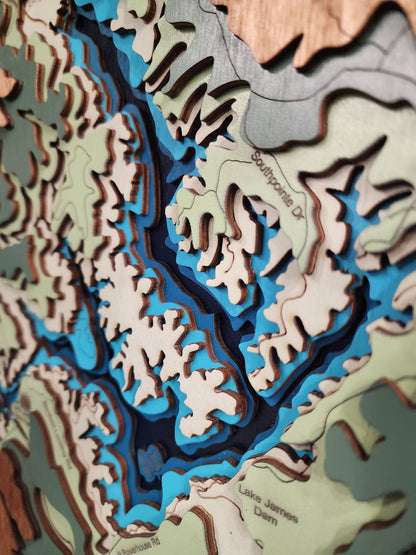 Lake James, NC Topographic Map - 7 Layer Laser Cut and Engraved Wall Art for Lake Lovers